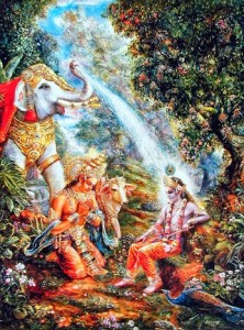 Indra junto a Surabhi oferecendo preces a Sri Krsna.