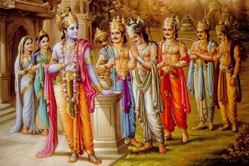 Krsna junto aos Pandavas, Draupadi e Kunti Devi.