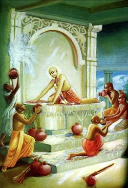 Sri Caitanya Mahaprabhu e Seus associados limpando o templo Gundica.